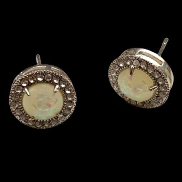 Iridescent Faux Opal Studs with Halo of Sparkly Crystals, October Birthstone - Picture 1 of 11